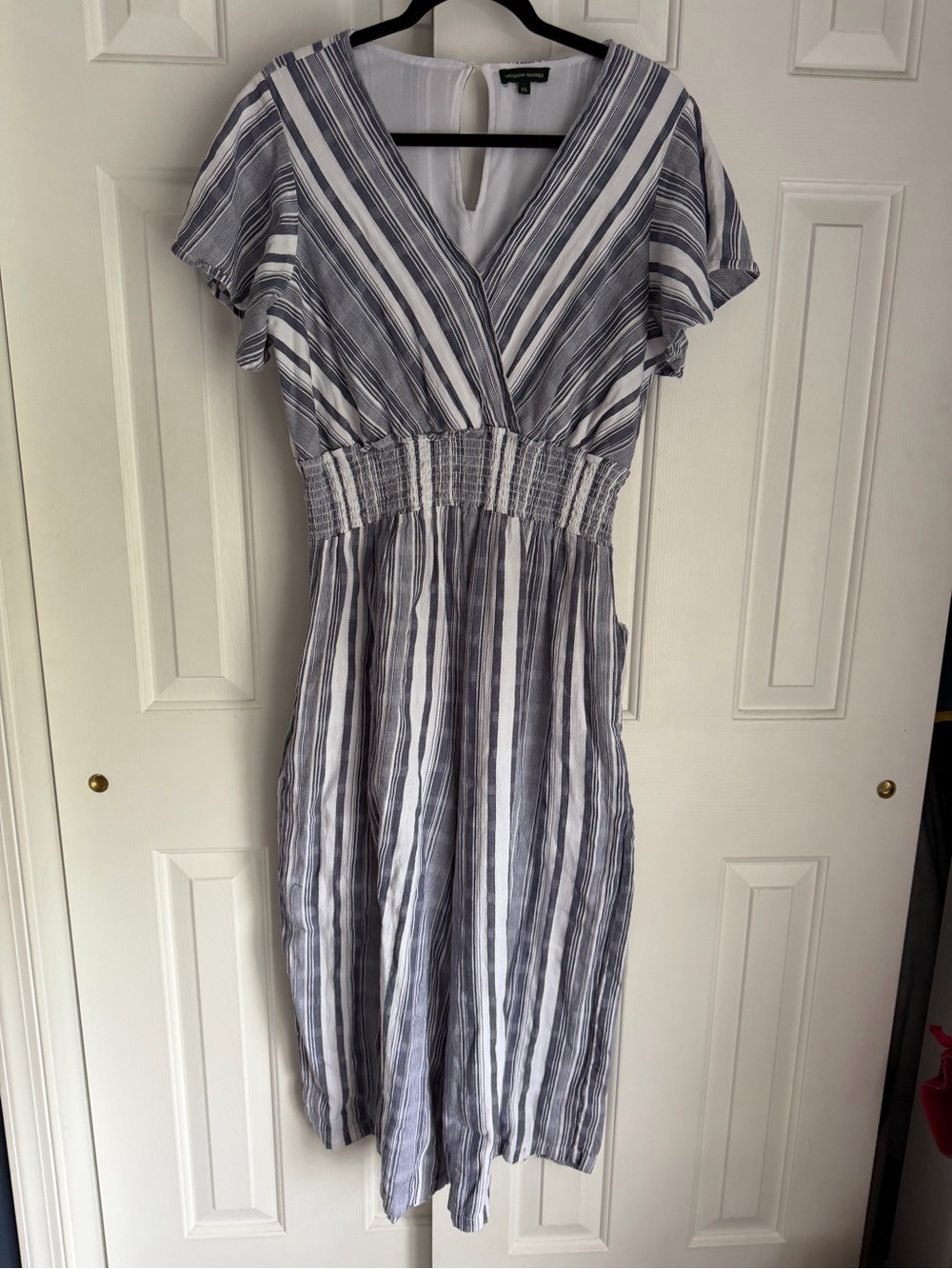 Women's Gray & White Striped V-Neck Midi Dress with Smocked Waist
